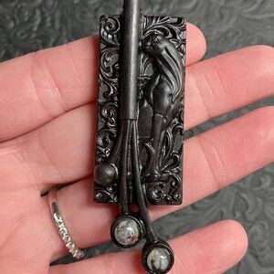 Panther Carved in Black Stained Wood With Gemstones Pendant Bead Ornament Mini A